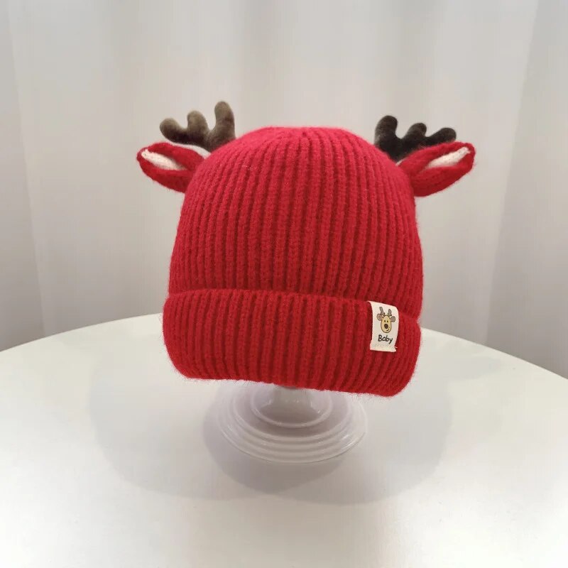 Autumn and Winter 1-4 Year Old Baby Deer Cartoon Wool Hat Korean Knitting Flanging Baby Pullover for Warmth Hats Shop