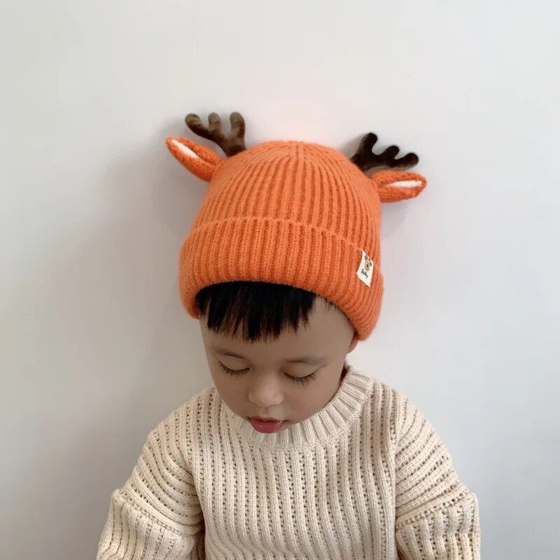 Autumn and Winter 1-4 Year Old Baby Deer Cartoon Wool Hat Korean Knitting Flanging Baby Pullover for Warmth Hats Shop