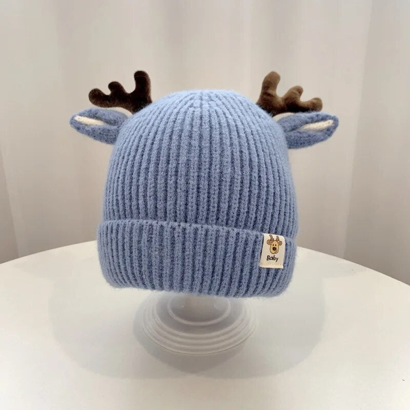 Autumn and Winter 1-4 Year Old Baby Deer Cartoon Wool Hat Korean Knitting Flanging Baby Pullover for Warmth Hats Shop