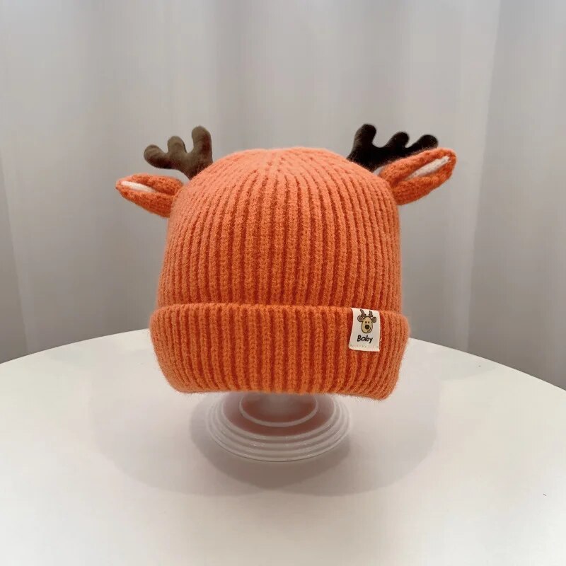 Autumn and Winter 1-4 Year Old Baby Deer Cartoon Wool Hat Korean Knitting Flanging Baby Pullover for Warmth Hats Shop