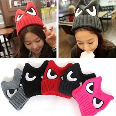 Autumn and Winter Men and Women's Big Eyes Demon Horn Ears Knitted Hat Cold and Warm Woolen Hat Fashion Hip Hop Hat Bean Hat ShopOnlyDeal