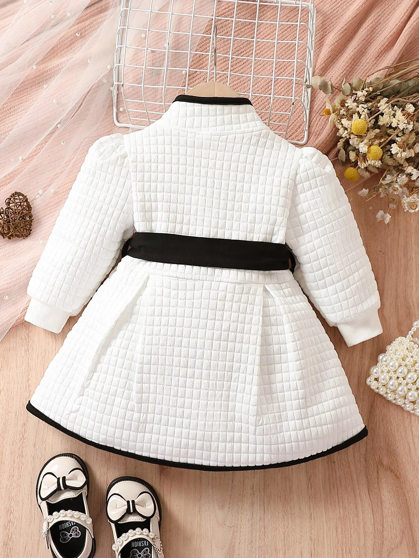 Baby Girls Fashion Autumn And Winter Thermal Belted Dress Set Princess Coat Classic Black And White Color Contrast Cardigan ShopOnlyDeal