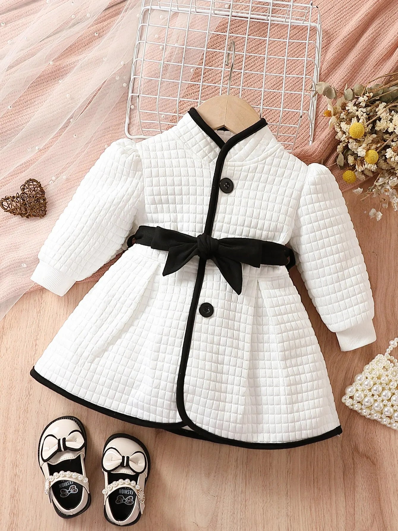 Baby Girls Fashion Autumn And Winter Thermal Belted Dress Set Princess Coat Classic Black And White Color Contrast Cardigan ShopOnlyDeal