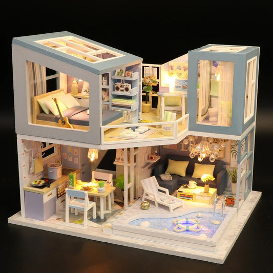 Unique Dollhouse Baby House Kit Mini DIY Handmade 3D Puzzle Assembly Building Villa Model Toys, Home Bedroom Decoration with Furniture Wooden Cra ShopOnlyDeal