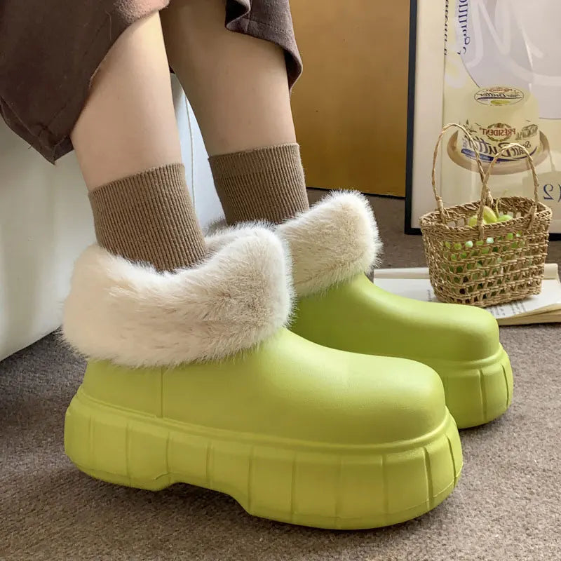 Bebealy New Winter Plush Boots Women New Fashion Waterproof Furry Cotton Shoes Outdoor Cozy Fuzzy Shoes Thick Sole Cotton Slides ShopOnlyDeal