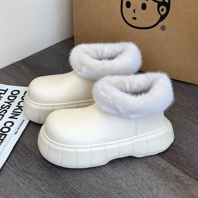 Bebealy New Winter Plush Boots Women New Fashion Waterproof Furry Cotton Shoes Outdoor Cozy Fuzzy Shoes Thick Sole Cotton Slides ShopOnlyDeal