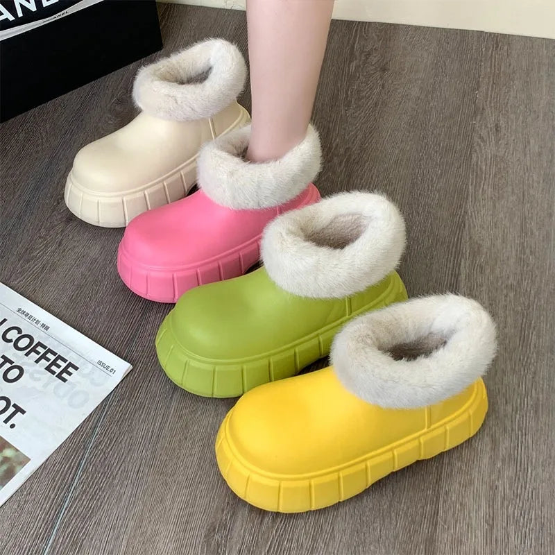 Bebealy New Winter Plush Boots Women New Fashion Waterproof Furry Cotton Shoes Outdoor Cozy Fuzzy Shoes Thick Sole Cotton Slides ShopOnlyDeal