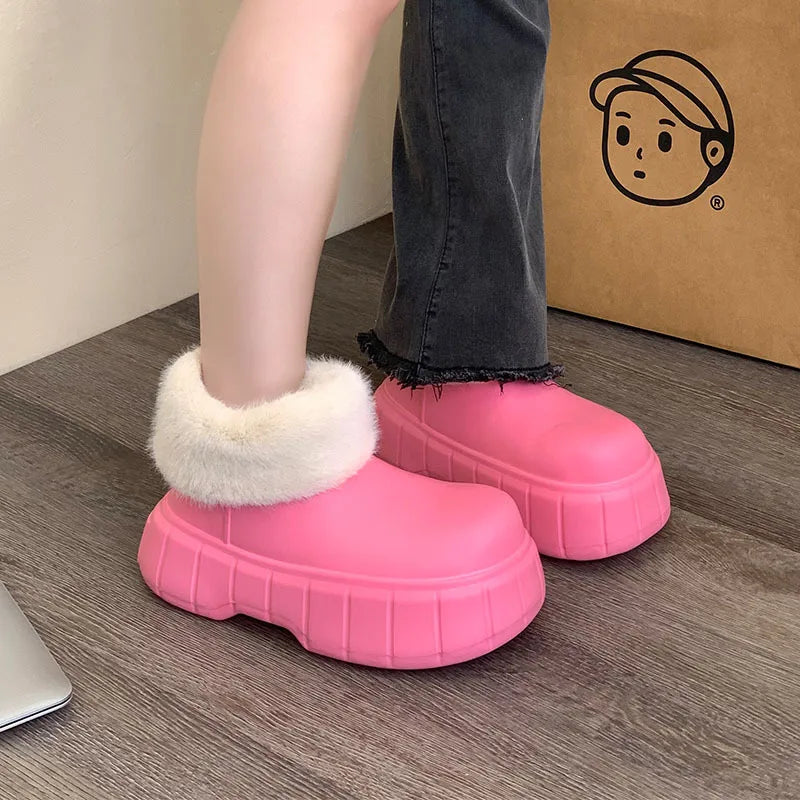 Bebealy New Winter Plush Boots Women New Fashion Waterproof Furry Cotton Shoes Outdoor Cozy Fuzzy Shoes Thick Sole Cotton Slides ShopOnlyDeal