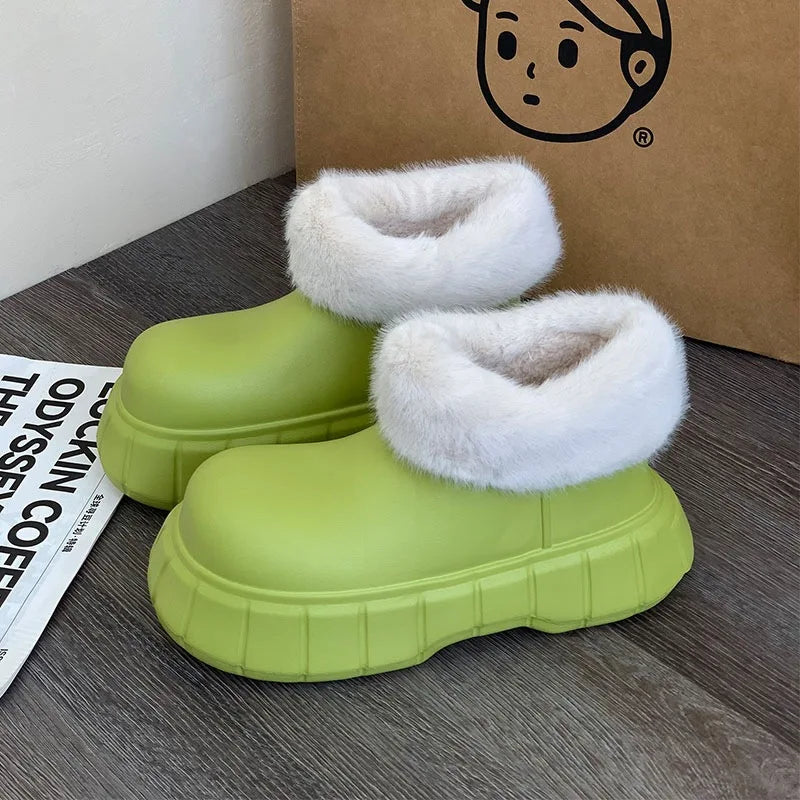 Bebealy New Winter Plush Boots Women New Fashion Waterproof Furry Cotton Shoes Outdoor Cozy Fuzzy Shoes Thick Sole Cotton Slides ShopOnlyDeal