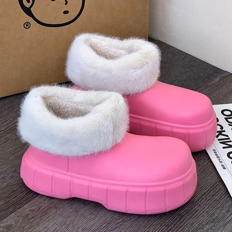 Bebealy New Winter Plush Boots Women New Fashion Waterproof Furry Cotton Shoes Outdoor Cozy Fuzzy Shoes Thick Sole Cotton Slides ShopOnlyDeal