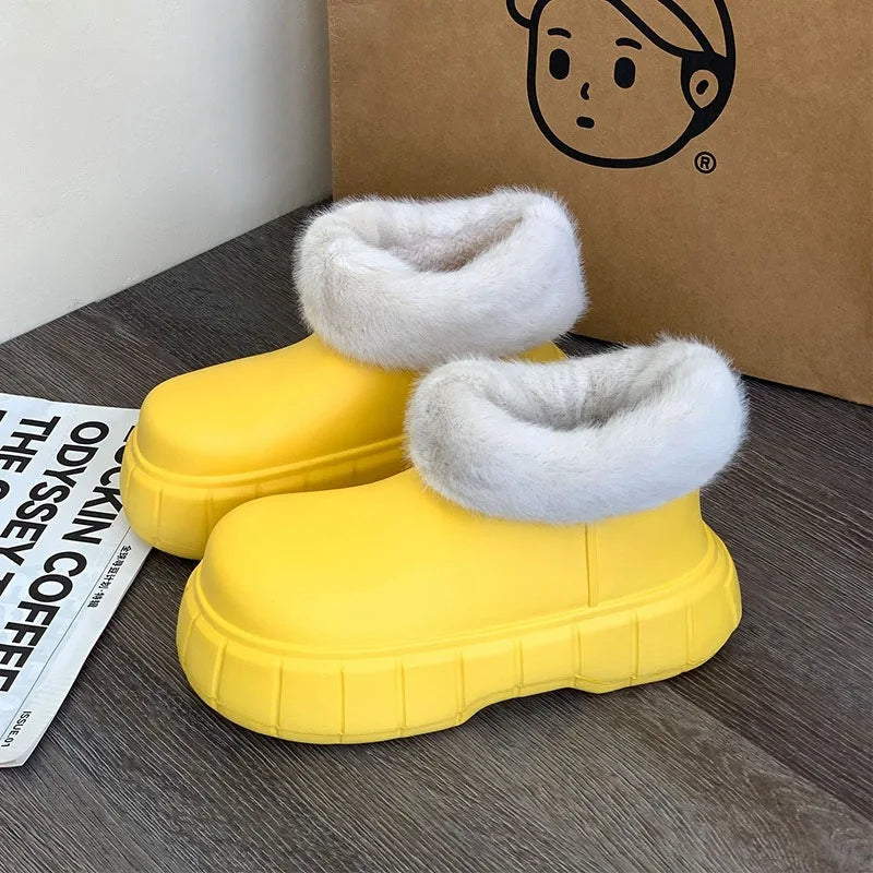 Bebealy New Winter Plush Boots Women New Fashion Waterproof Furry Cotton Shoes Outdoor Cozy Fuzzy Shoes Thick Sole Cotton Slides ShopOnlyDeal