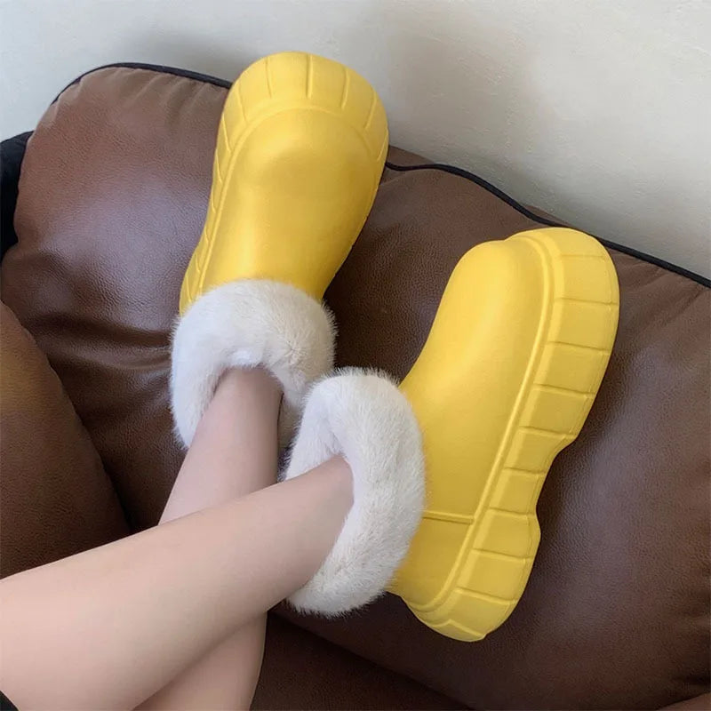 Bebealy New Winter Plush Boots Women New Fashion Waterproof Furry Cotton Shoes Outdoor Cozy Fuzzy Shoes Thick Sole Cotton Slides ShopOnlyDeal