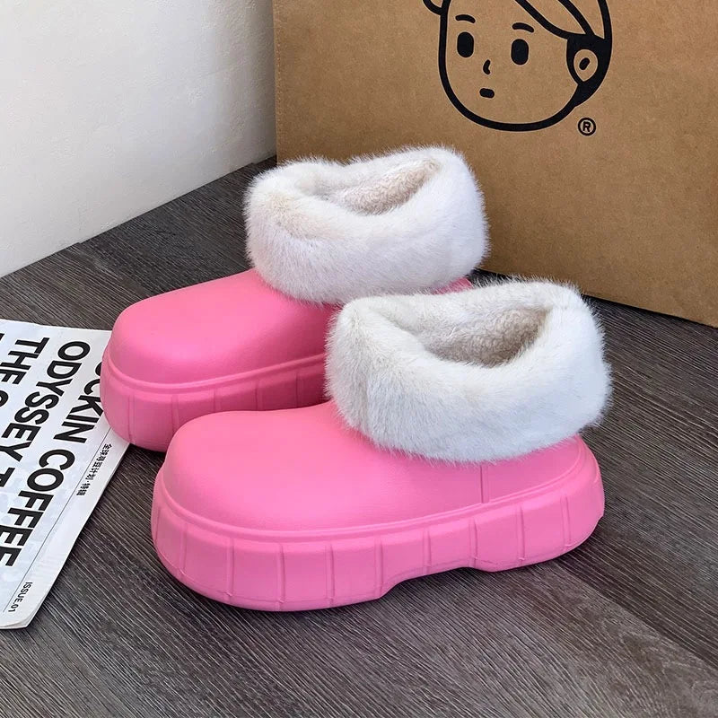 Bebealy New Winter Plush Boots Women New Fashion Waterproof Furry Cotton Shoes Outdoor Cozy Fuzzy Shoes Thick Sole Cotton Slides ShopOnlyDeal