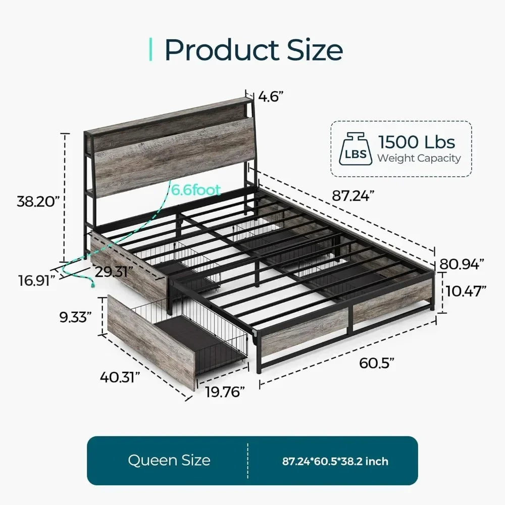 Bed FrameBed Frame with 4 drawers and headboard, Bed Frame with RGB lights and fast charger with storage ShopOnlyDeal