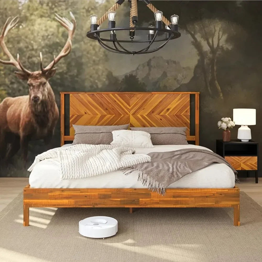 Luxury Bed Frame with Headboard: Your Rustic and Scandinavian-Inspired Bedroom Centerpiece in Solid Acacia Wood ShopOnlyDeal