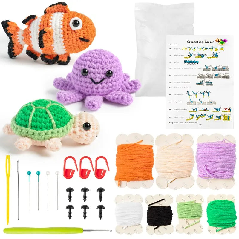 Beginner Crochet Kit: Crochet Fish, Turtle, Octopus Starter Pack - Ideal for Adults & Kids DIY Craft, Montessori Early Education Material Pack ShopOnlyDeal