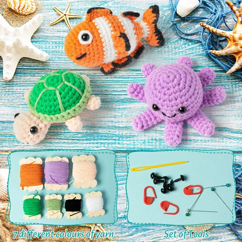 Beginner Crochet Kit: Crochet Fish, Turtle, Octopus Starter Pack - Ideal for Adults & Kids DIY Craft, Montessori Early Education Material Pack ShopOnlyDeal