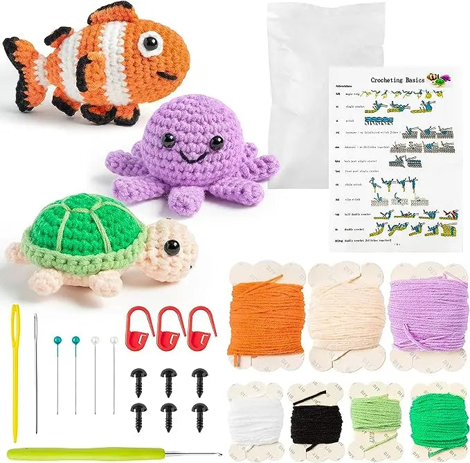 Beginner Crochet Kit: Crochet Fish, Turtle, Octopus Starter Pack - Ideal for Adults & Kids DIY Craft, Montessori Early Education Material Pack ShopOnlyDeal