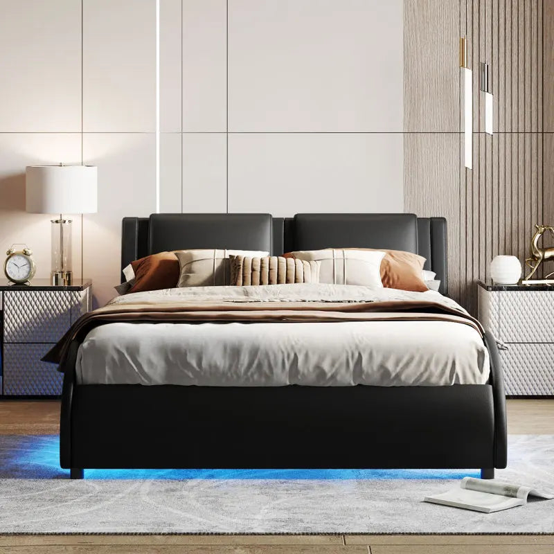 LED Faux Leather Platform Bed Black Queen Size Upholstered with LED Light Bed Frame with Slatted, for indoor bedroom furniture ShopOnlyDeal