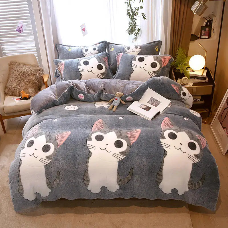 Flannel Duvet Cover Cartoon Cats Quilt Cover for Kids Winter Warm housse de couette220x240cm (without pillowcase) ShopOnlyDeal