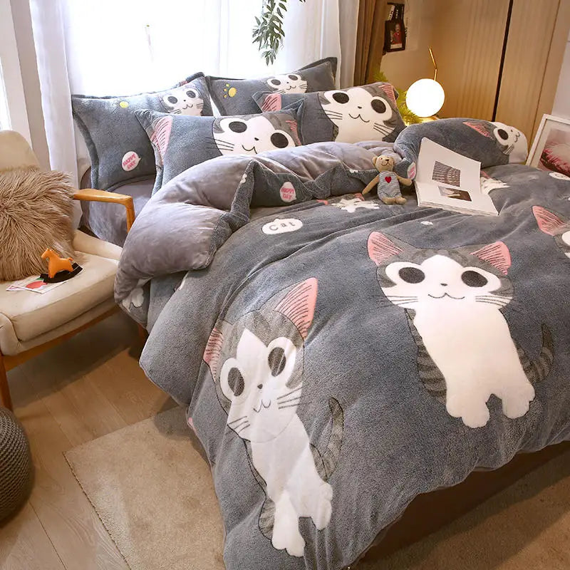 Flannel Duvet Cover Cartoon Cats Quilt Cover for Kids Winter Warm housse de couette220x240cm (without pillowcase) ShopOnlyDeal