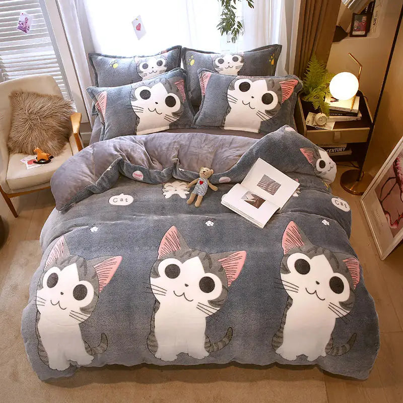 Flannel Duvet Cover Cartoon Cats Quilt Cover for Kids Winter Warm housse de couette220x240cm (without pillowcase) ShopOnlyDeal