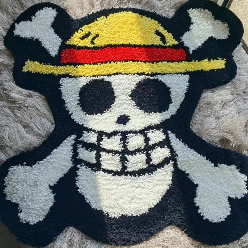 Halloween Skull Cartoon Anime One Pieces Carpet 3D Shaggy Irregular Skull Head Lounge Rug Luffy Straw Hat Sea Thief Group Skeleton Sign Carpet ShopOnlyDeal