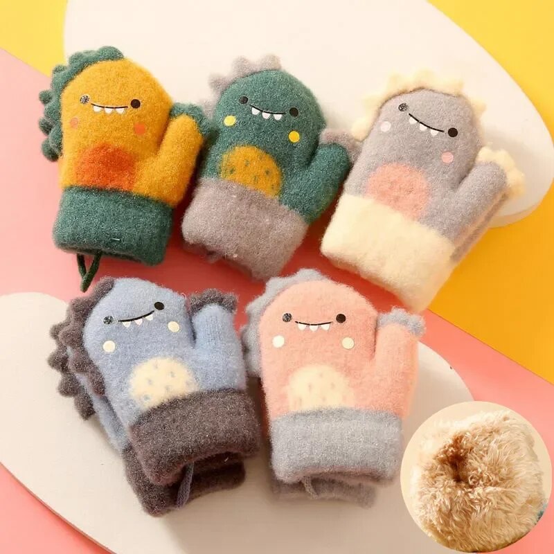 Dinosaur Baby Gloves Cartoon Warm Autumn Winter Kids Girl Boy Full Finger Gloves Knitted Thick Outdoor Children Toddler Mittens ShopOnlyDeal