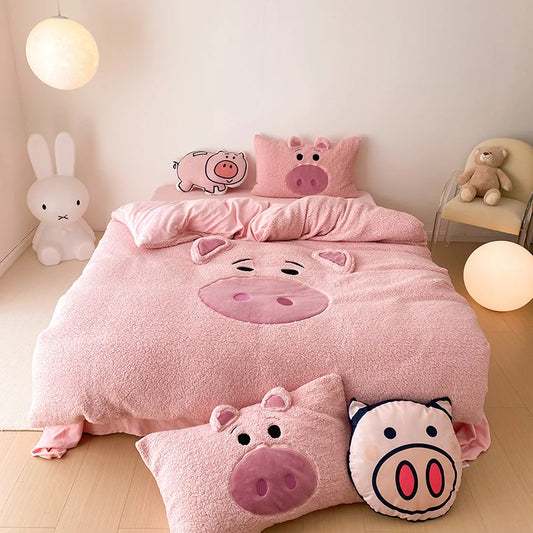 Ping Pig Bedding Cartoon Warm Winter Soft Comfortable Velvet Fleece Bedding Set Duvet Cover Linen Fitted Sheet Pillowcases ShopOnlyDeal