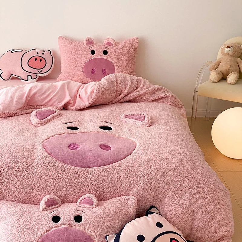 Ping Pig Bedding Cartoon Warm Winter Soft Comfortable Velvet Fleece Bedding Set Duvet Cover Linen Fitted Sheet Pillowcases ShopOnlyDeal