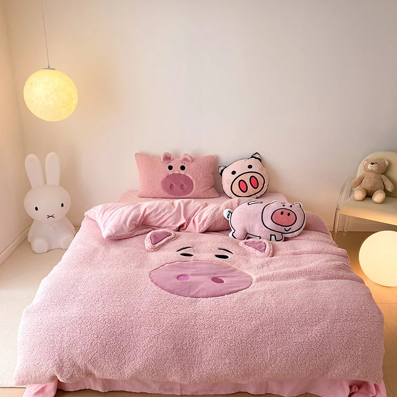 Ping Pig Bedding Cartoon Warm Winter Soft Comfortable Velvet Fleece Bedding Set Duvet Cover Linen Fitted Sheet Pillowcases ShopOnlyDeal