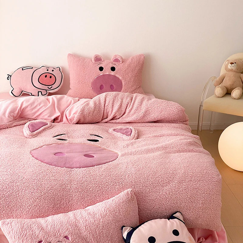 Ping Pig Bedding Cartoon Warm Winter Soft Comfortable Velvet Fleece Bedding Set Duvet Cover Linen Fitted Sheet Pillowcases ShopOnlyDeal