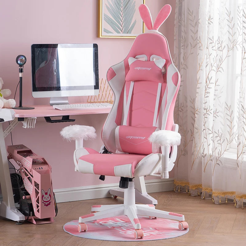 Cartoon Gaming Chair With Pink Bunny Ear For Girls Live chair,Women Cute lift swivel chair,office computer chair,home gamer chair with footrest ShopOnlyDeal