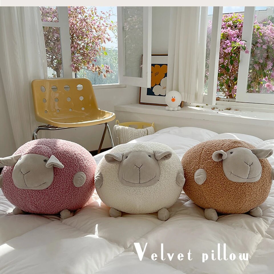 Cartoon Sheep Fresh Korean version Throw Pillow Cute Round Ball Children's Plush Doll Teddy Plush Nordic Sofa Cushion ShopOnlyDeal