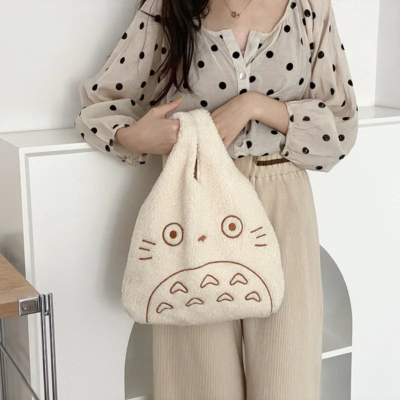 Cartoon Totoro Embroidery Lamb Fabric Handbag for Women Girls Japan INS Shoulder Bag Tote Bag Soft Fur Shopper Bag China David Trade CO.,LTD.