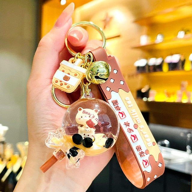 Boba Tea Keychain Charm Cartoon oiled pearl milk tea bear floating liquid keychain girl bag pendant cute milk keyring keychain gift ShopOnlyDeal