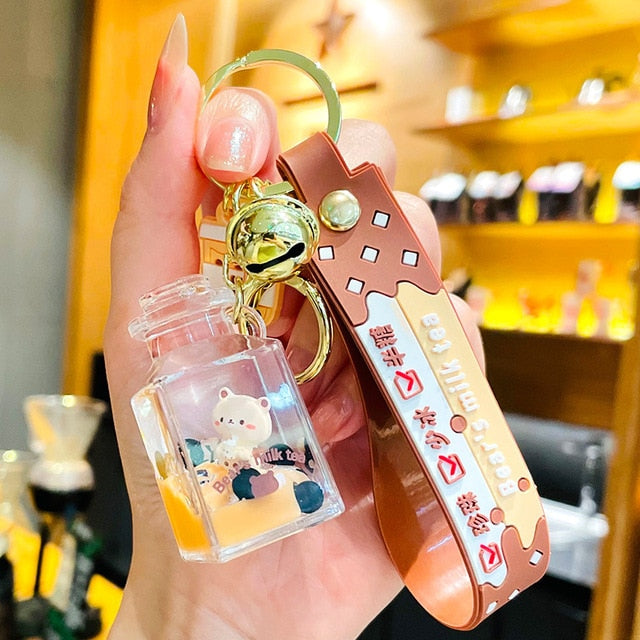 Boba Tea Keychain Charm Cartoon oiled pearl milk tea bear floating liquid keychain girl bag pendant cute milk keyring keychain gift ShopOnlyDeal