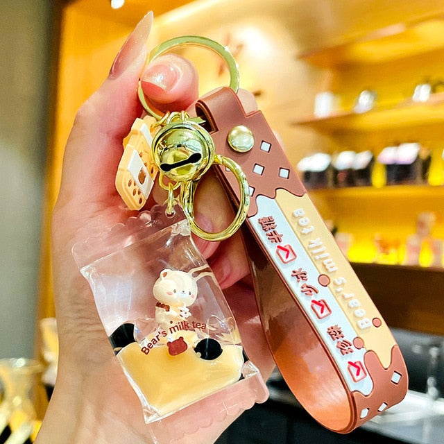 Boba Tea Keychain Charm Cartoon oiled pearl milk tea bear floating liquid keychain girl bag pendant cute milk keyring keychain gift ShopOnlyDeal