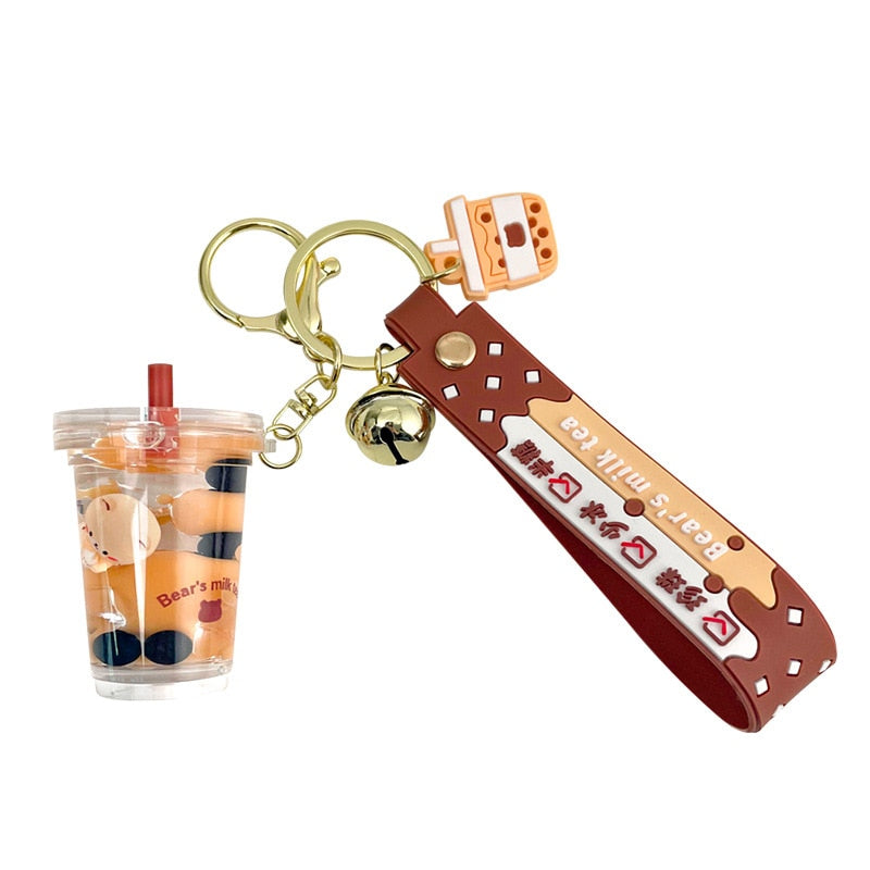 Boba Tea Keychain Charm Cartoon oiled pearl milk tea bear floating liquid keychain girl bag pendant cute milk keyring keychain gift ShopOnlyDeal