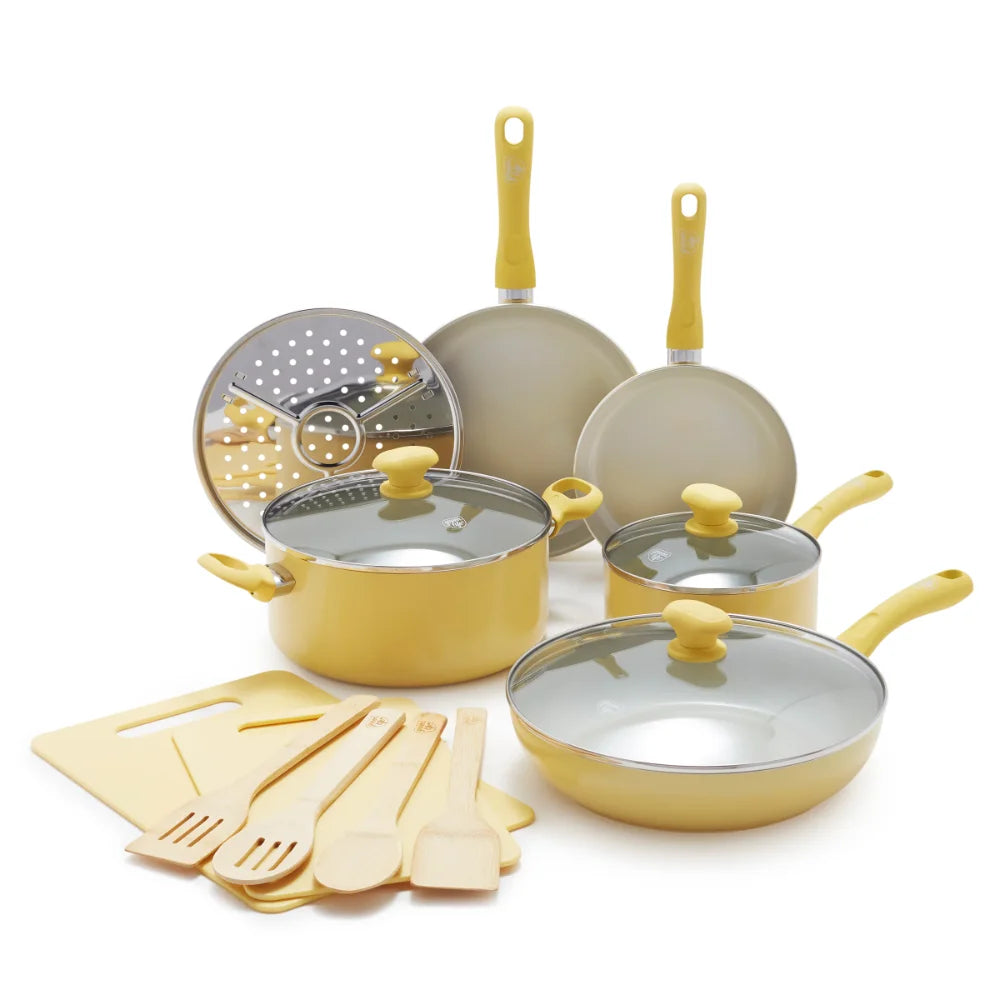 Ceramic Nonstick Yellow 15pc Set kitchen  ollas de cocina  cooking pots  cookware set non stick ShopOnlyDeal