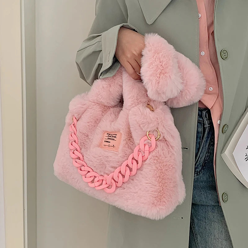 Chain Tote Bags for Women 2022 Winter Trend Designer Fashion Small Soft Faux Fur Kawaii Handbags Shoulder BagsShopper bag ShopOnlyDeal