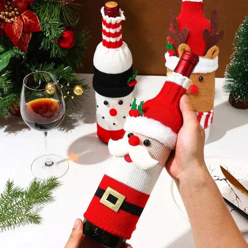 Christmas Wine Bottle Cover Set Santa Snowman Woven Wine Bottle Bags For Christmas Party Dinner Table Decorations New Year Gifts ShopOnlyDeal