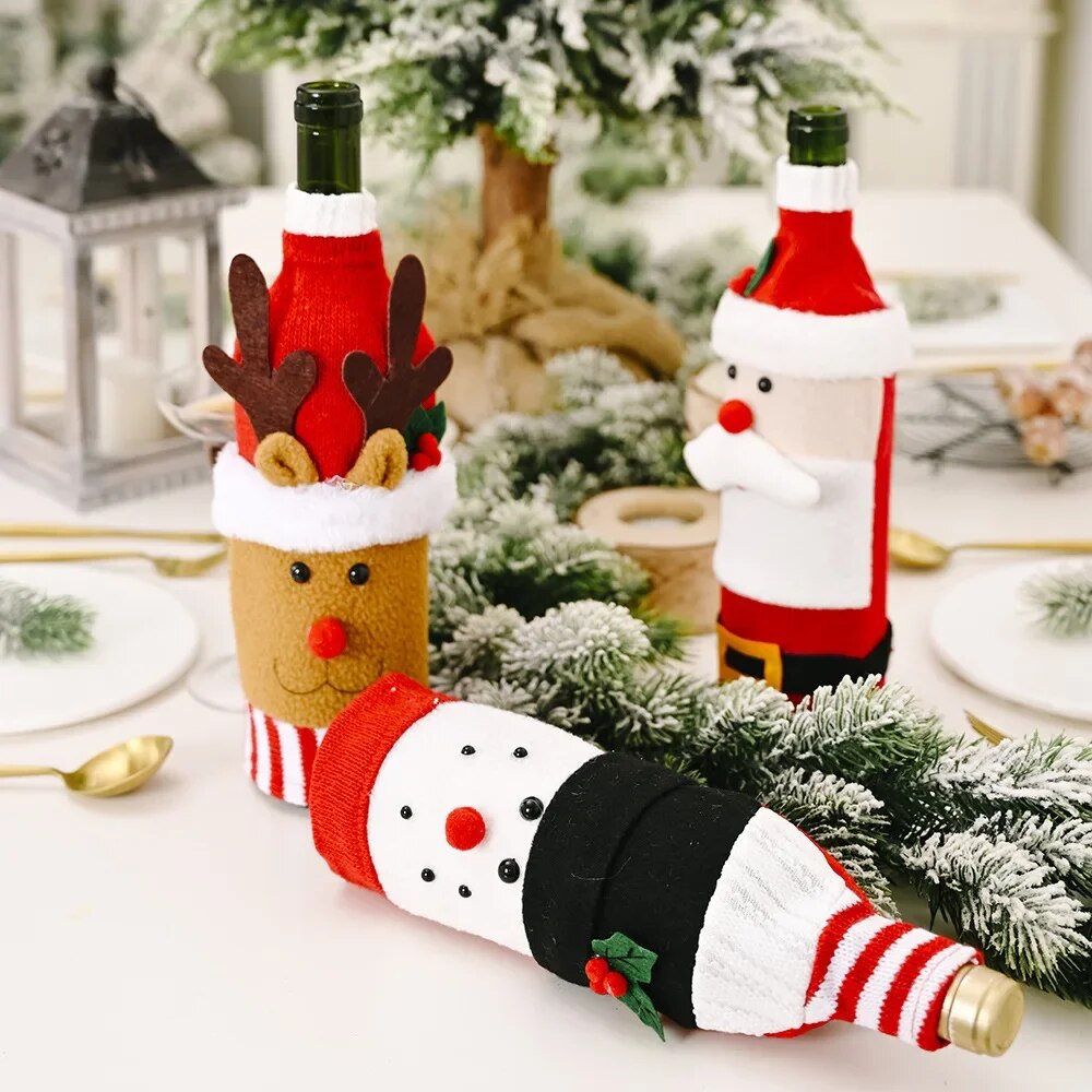 Christmas Wine Bottle Cover Set Santa Snowman Woven Wine Bottle Bags For Christmas Party Dinner Table Decorations New Year Gifts ShopOnlyDeal