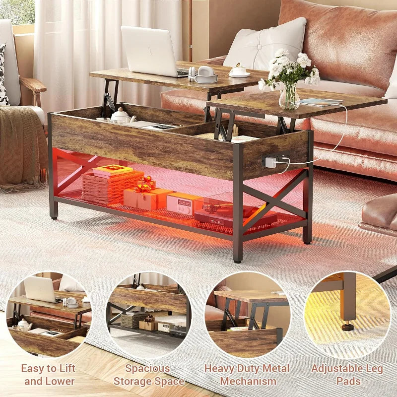 Coffee Table, Lift Top Coffee Table with Storage, LED Light & Power Outlet and Hidden Compartment, Metal Frame ShopOnlyDeal