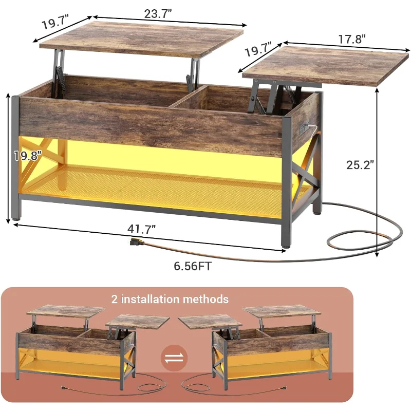 Coffee Table, Lift Top Coffee Table with Storage, LED Light & Power Outlet and Hidden Compartment, Metal Frame ShopOnlyDeal