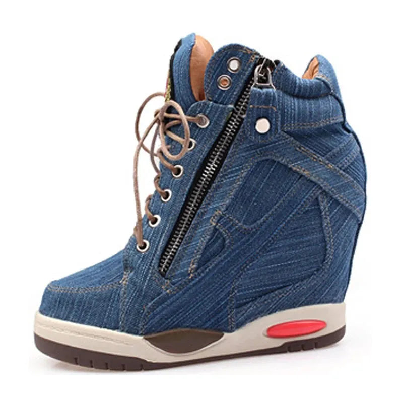 Comemore Women's Denim Wedges high top sneakers Platform Casual Fashion Woman Zipper Vulcanized Shoes Thick Bottom Big Size 41 comemore001 Store