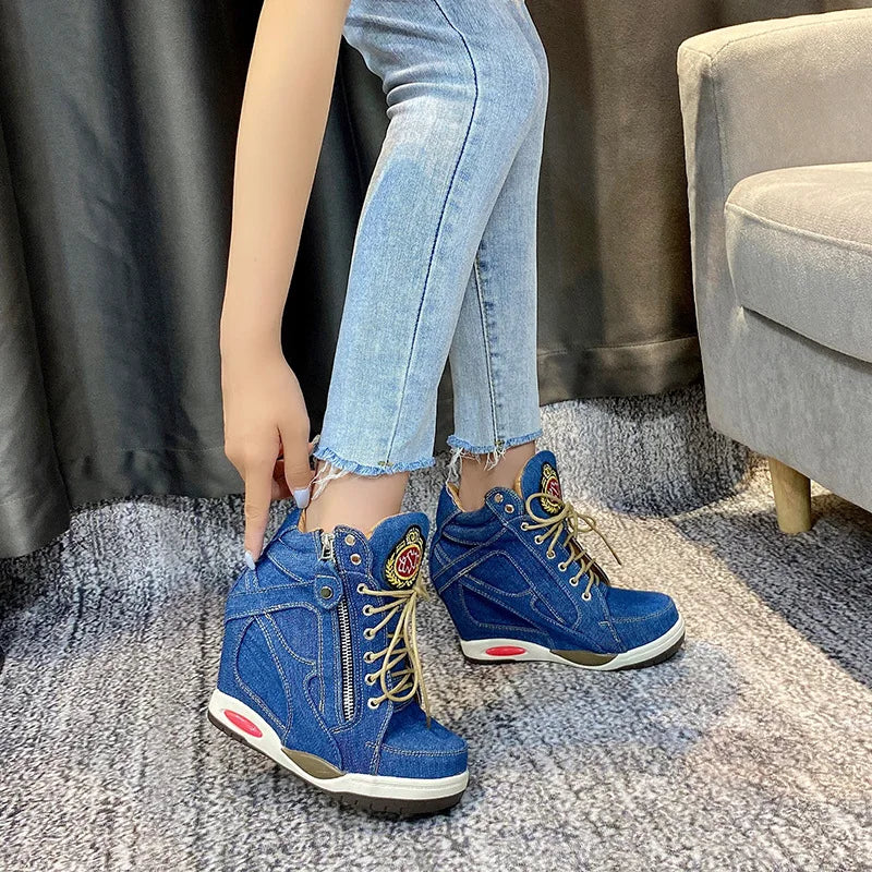 Comemore Women's Denim Wedges high top sneakers Platform Casual Fashion Woman Zipper Vulcanized Shoes Thick Bottom Big Size 41 comemore001 Store