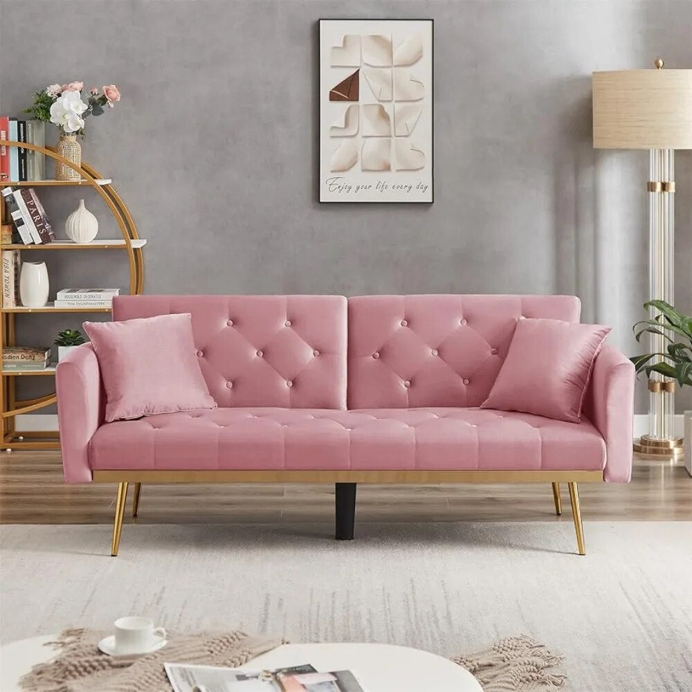 Convertible Futon Sofa Bed, Modern Reclining Adjustable Loveseat Couch with 2 Pillows, Pink 71.25" Shop1102732343 Store