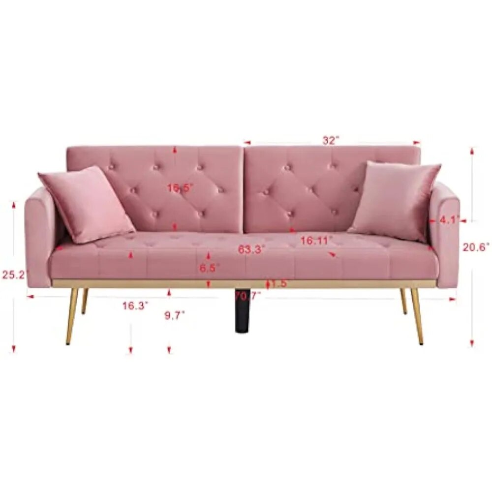 Convertible Futon Sofa Bed, Modern Reclining Adjustable Loveseat Couch with 2 Pillows, Pink 71.25" Shop1102732343 Store