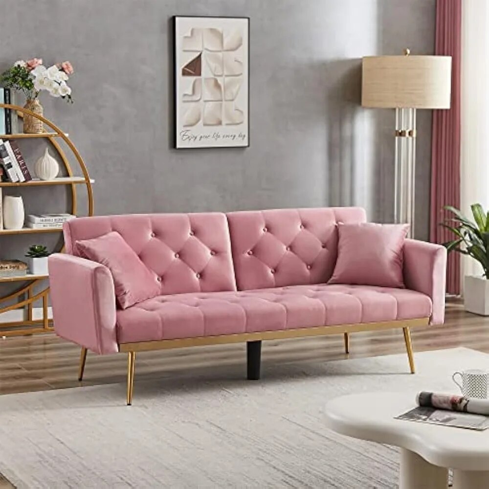 Convertible Futon Sofa Bed, Modern Reclining Adjustable Loveseat Couch with 2 Pillows, Pink 71.25" Shop1102732343 Store